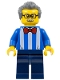 Minifig No: twn292a  Name: Carousel Ticket Vendor - Blue Shirt with White Stripes and Red Bow Tie (Printed Back), Dark Blue Legs, Dark Bluish Gray Swept Back Hair, Moustache and Glasses