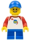 Minifig No: twn302  Name: Boy - Classic Space Shirt with Red Sleeves, Blue Short Legs, Blue Cap