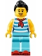 Minifig No: twn312  Name: Downtown Diner Waitress - Female, Dark Azure and White Striped Shirt with Red Scarf, Medium Azure Legs, Black Ponytail, Red Roller Skates