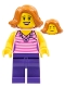 Minifig No: twn330  Name: Woman, Striped Pink Shirt with Flower Necklace, Dark Purple Legs, Dark Orange Female Hair Short Swept Sideways