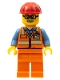 Minifig No: twn346  Name: Orange Safety Vest with Reflective Stripes, Orange Legs, Red Construction Helmet, Glasses