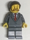 Minifig No: twn347  Name: Suit Jacket Buttoned with Red Tie, Dark Bluish Gray Legs, Dark Brown Smooth Hair
