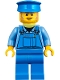 Minifig No: twn361  Name: Mechanic - Male, Blue Overalls over Medium Blue Shirt, Blue Legs, Blue Police Hat, Dark Tan Moustache and Sideburns, No Back Print