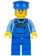 Minifig No: twn361a  Name: Mechanic - Male, Blue Overalls over Medium Blue Shirt, Blue Legs, Blue Police Hat, Dark Tan Moustache and Sideburns, Back Print