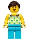 Minifig No: twn367  Name: Female, White Top with Green Apples and Lime Dots, Medium Azure Legs, Dark Brown Ponytail and Swept Sideways Fringe