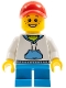 Minifig No: twn372  Name: Child Boy with White Hoodie with Blue Pockets, Dark Azure Short Legs, Red Short Bill Cap