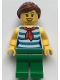 Minifig No: twn377  Name: Female with Reddish Brown Ponytail and Swept Sideways Fringe Hair, Red Scarf, Blue Striped Shirt and Green Pants