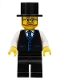 Minifig No: twn389  Name: Haunted House Butler - Male, Black Vest with Blue Striped Tie, Black Legs, Black Top Hat, Glasses and Beard