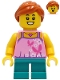 Minifig No: twn408  Name: Tourist - Girl, Bright Pink Top with Butterflies and Flowers, Dark Turquoise Short Legs, Dark Orange Hair