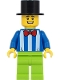 Minifig No: twn413  Name: Fairground Worker - Male, White Stripes and Red Bow Tie, Lime Legs, Black Top Hat