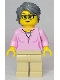 Minifig No: twn438  Name: Woman, Bright Pink Shirt, Tan Legs, Dark Bluish Gray Swept Back Tousled Hair