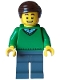 Minifig No: twn460  Name: Mover - Male, Green V-Neck Sweater, Dark Bluish Gray Legs, Dark Brown Hair