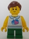 Minifig No: twn470  Name: Child - Girl, White Collared Shirt with Fruit, Green Short Legs, Reddish Brown Ponytail, Freckles