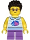 Minifig No: twn471  Name: Child - Girl, White Collared Shirt with Fruit, Medium Lavender Short Legs, Dark Brown Short Coiled Hair, Glasses, Freckles
