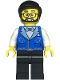 Minifig No: twn472  Name: Hotel Receptionist - Male, Blue Vest with Metallic Light Blue Lapels, Black Legs, Black Hair, Beard and Glasses