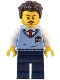 Minifig No: twn485  Name: Natural History Museum Employee - Male, Bright Light Blue Sweater Vest with ID Badge, Dark Blue Legs, Dark Brown Tousled Hair