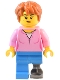 Minifig No: twn489  Name: Natural History Museum Visitor - Female, Bright Pink Shirt, Dark Azure Legs with Prosthetic Leg, Dark Orange Thick Messy Hair