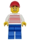 Minifig No: twn493  Name: Retro Food Truck Vendor - Male, White Sweater with Red Horizontal Stripes, Blue Legs, Red Cap, Sweat Drops