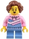 Minifig No: twn504  Name: Child - Girl, Bright Pink Hoodie with Medium Blue and White Diagonal Stripes, Medium Blue Short Legs, Reddish Brown Wavy Hair
