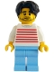 Minifig No: twn505  Name: Modern House Resident - Male, White Sweater with Red Horizontal Stripes, Bright Light Blue Legs, Dark Brown Hair Wavy