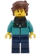 Minifig No: twn516  Name: Tudor House Resident - Dark Turquoise Jacket with Dark Green Panel, Dark Blue Legs, Reddish Brown Hair Tousled, Black Headphones