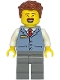 Minifig No: twn533  Name: Shopping Street Shop Manager - Male, Sand Blue Shirt, Dark Bluish Gray Legs, Reddish Brown Hair
