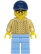 Minifig No: twn538  Name: Shopping Street Furniture Mover - Male, Tan Sweater, Bright Light Blue Legs, Dark Blue Cap
