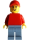 Minifig No: twn547  Name: Bike Burger Cart Driver - Female, Red Torso, Sand Blue Legs, Red Cap