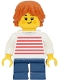 Minifig No: twn552  Name: Child - Girl, White Sweater with Red Horizontal Stripes, Dark Blue Short Legs, Dark Orange Tousled and Layered Hair