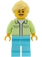 Minifig No: twn554  Name: Ferris Wheel Operator - Female, Yellowish Green Jacket over White Shirt, Medium Azure Legs, Bright Light Yellow Hair Ponytail, Hearing Aid