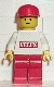 Minifig No: vel001  Name: Velux Sticker on White Torso, Red Legs, Red Cap