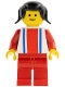 Minifig No: ver007  Name: Vertical Lines Red & Blue - Red Arms - Red Legs, Black Pigtails Hair