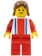 Minifig No: ver016  Name: Vertical Lines Red & Blue - Red Arms - Red Legs, Brown Female Hair