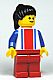Minifig No: ver018  Name: Vertical Lines Red & Blue - Blue Arms - Red Legs, Black Ponytail Hair