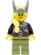 Minifig No: vik039  Name: Viking Warrior - Female, Dark Bluish Gray and Silver Armor, Olive Green Legs, Bright Light Yellow Hair with Diadem