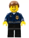 Minifig No: wc009  Name: Police - World City Patrolman, Dark Blue Shirt with Badge and Radio, Black Legs, Brown Male Hair, Smile