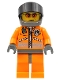 Minifig No: wc018a  Name: Coast Guard World City - Orange Jacket with Zipper, Orange Sunglasses, Dark Bluish Gray Helmet, Dark Bluish Gray Hands