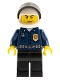 Minifig No: wc023  Name: Police - World City Patrolman, Dark Blue Shirt with Badge and Radio, Black Legs, White Helmet, Black Visor