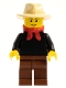 Minifig No: ww009a  Name: Gold Prospector - Male, Black Torso, Reddish Brown Legs, Tan Fedora Hat, Red Bandana, Black Eyebrows