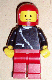 Minifig No: zip041  Name: Jacket with Zipper - Black, Red Legs, Red Classic Helmet