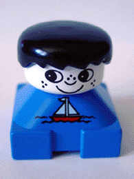 Duplo 2 x 2 x 2 Figure Brick, Blue Base with Sailboat Pattern, White Head with Freckles, Black Male Hair
