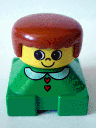 Duplo 2 x 2 x 2 Figure Brick, Green Base with White Collar and Red Heart Buttons, Yellow Head, Dark Orange Female Hair
