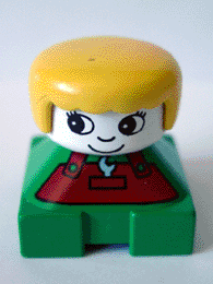 Duplo 2 x 2 x 2 Figure Brick, Green Base with Rust Overalls and Wrench Pattern, White Head with Eyelashes, Yellow Female Hair
