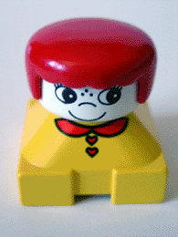 Duplo 2 x 2 x 2 Figure Brick, Yellow Base with Red Collar and Red Heart Buttons, White Head with Eyelashes, Red Female Hair