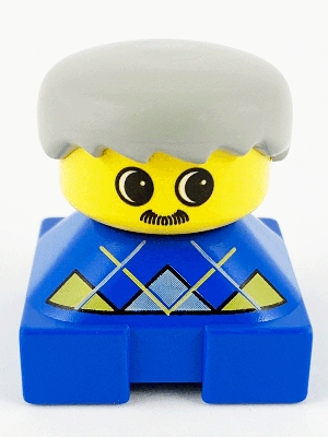 Duplo 2 x 2 x 2 Figure Brick, Blue Base with Yellow Argyle Sweater Pattern, Yellow Head with Moustache, Light Gray Male Hair