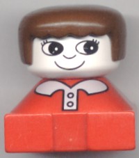 Duplo 2 x 2 x 2 Figure Brick, Red Base with White Collar and Pink Buttons, White Head with Eyelashes, Brown Female Hair