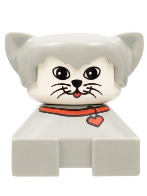 Duplo 2 x 2 x 2 Figure Brick, Cat, Light gray base with red collar, light gray hair, white face