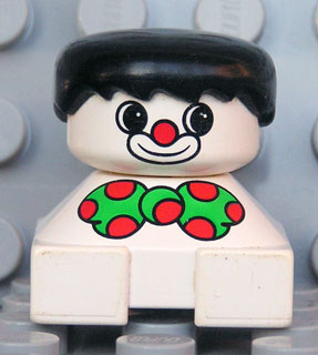 Duplo 2 x 2 x 2 Figure Brick, Clown, White Base, Green Bow with Red Dots, Black Hair, White Face with Red Nose