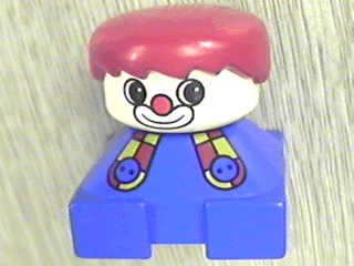 Duplo 2 x 2 x 2 Figure Brick, Clown, Blue Base with Button Suspenders, White Head, Red Male Hair