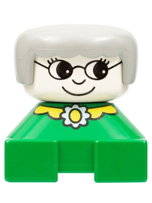 Duplo 2 x 2 x 2 Figure Brick, Grandmother, Green Base, Gray Hair, White Head, Yellow Collar with Flower